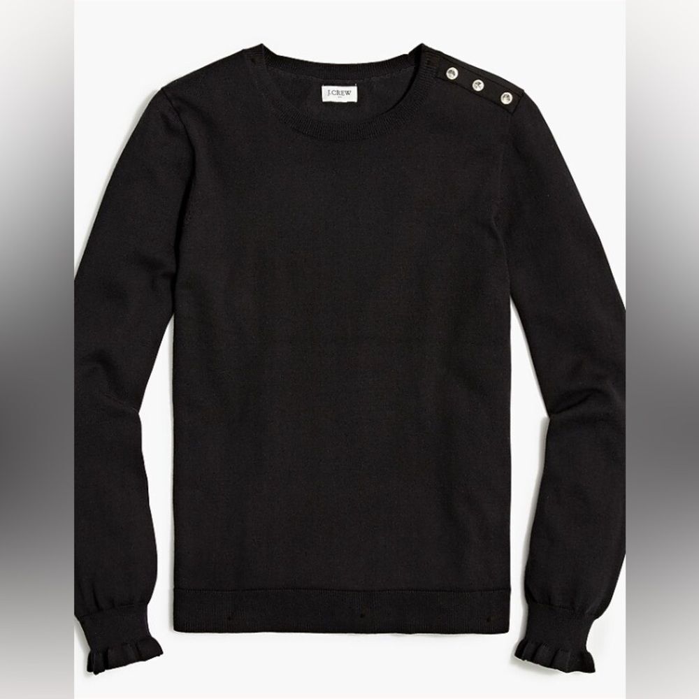 J. Crew Black Cotton Ruffle Rhinestone Sweater Size Large - Picture 3 of 10